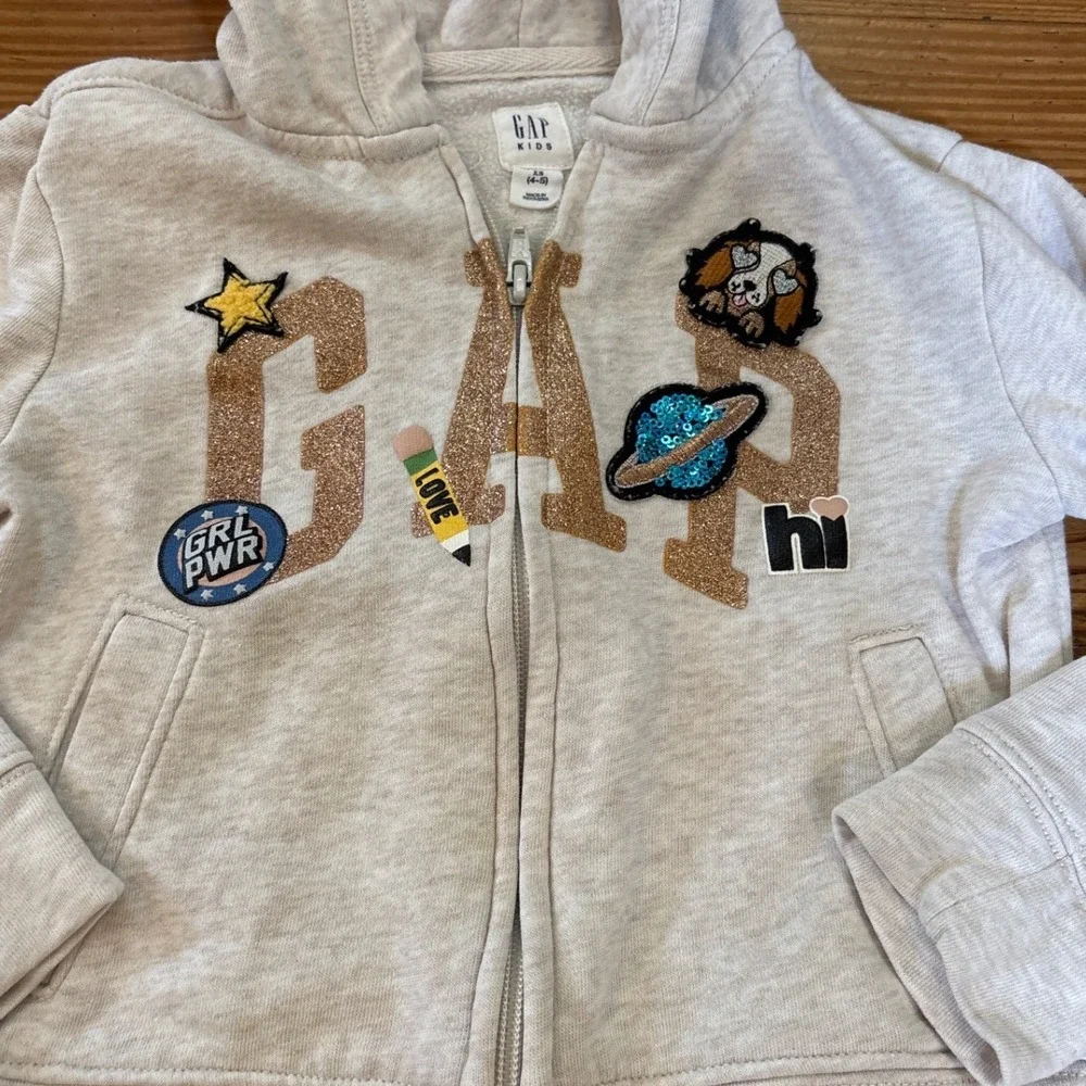 Gap Hoodie Kids Oatmeal Good Glitter Patches Zip Up Sweatshirt SIZE XS 4-5‎